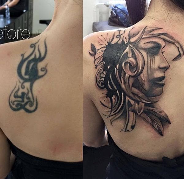 Real coverup transformation — old tribal tattoo reworked into a detailed portrait piece