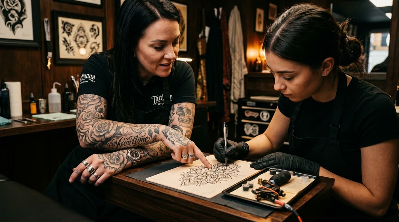 Student practicing tattoo linework under guidance
